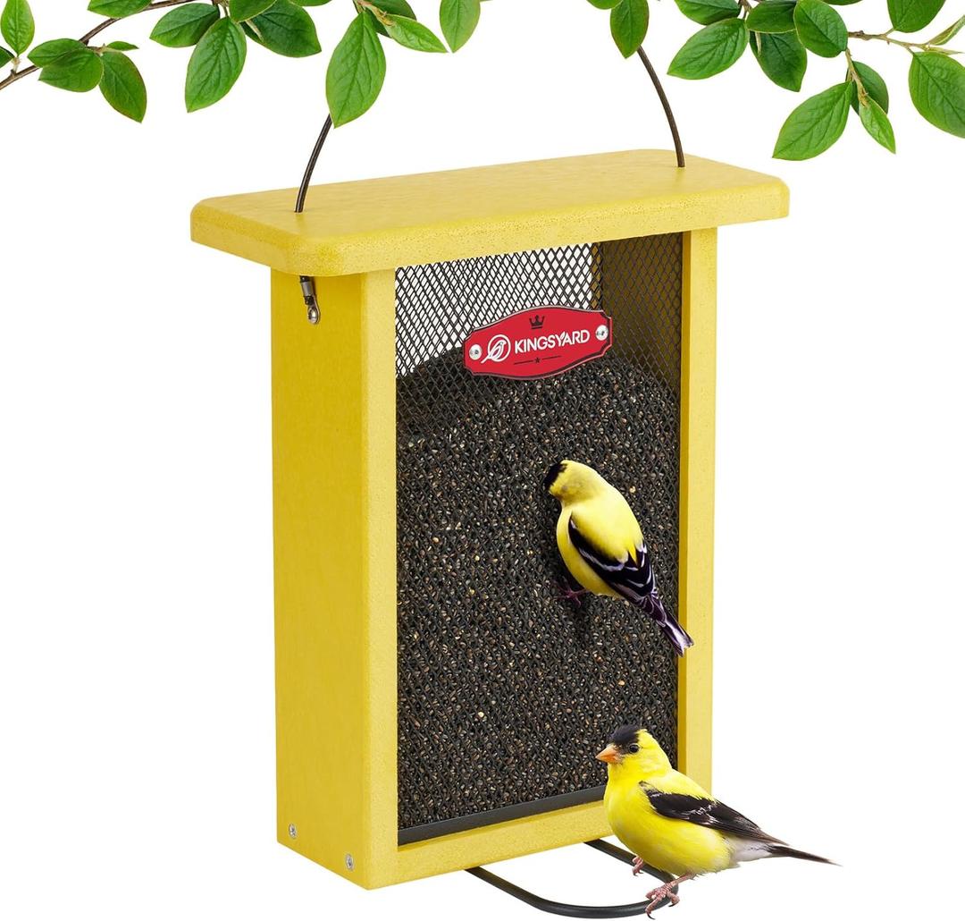 Kingsyard Finch Feeder for Outside Hanging, Metal Mesh Bird Feeders for Thistle/Nyjer Seed, Sliding Mesh & Built-in Perch, Recycled Plastic, Yellow