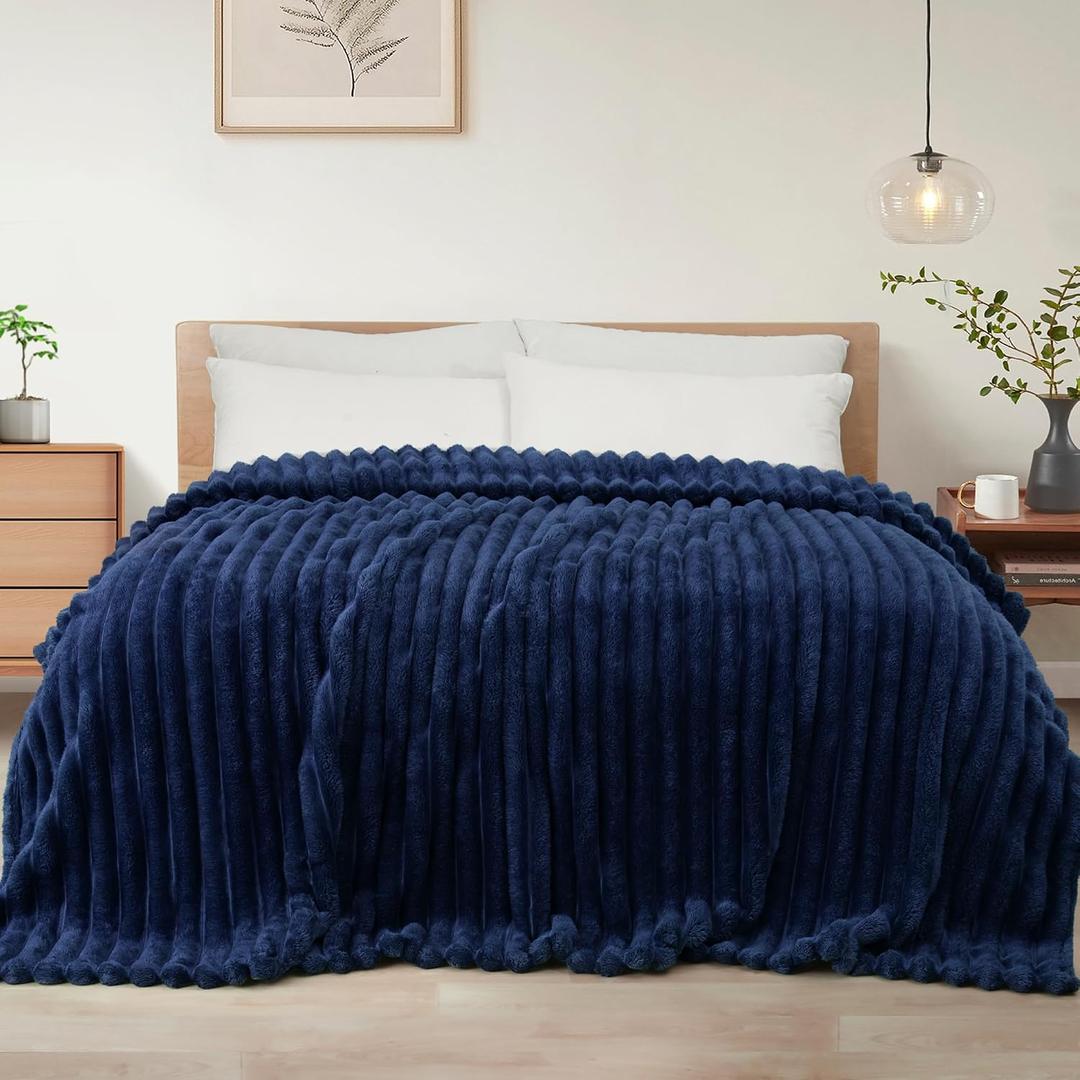 Exclusivo Mezcla Queen Size Flannel Fleece Blanket, Super Soft Striped Jacquard Bed Blanket, Lightweight Fuzzy Cozy for All Seasons, 90x90 Inches, Navy Blue