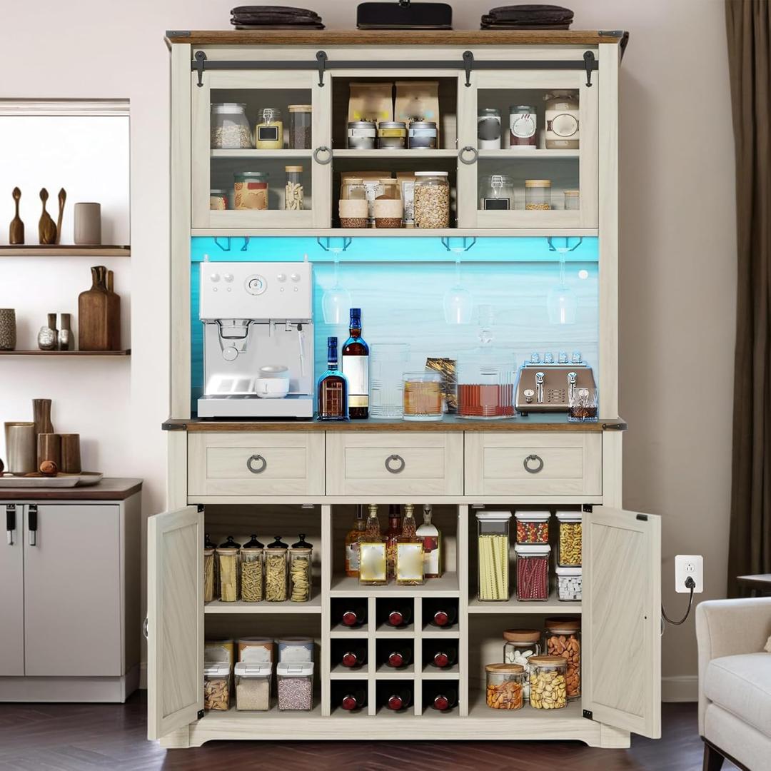 YITAHOME 72" Farmhouse Bar Cabinet with Bottle Rack and Glass Holder, Large Kitchen Buffet with Shelves, Cabinet with 3 Drawers, Coffee Bar Sideboard with LED Lights, Off White + Walnut Grain