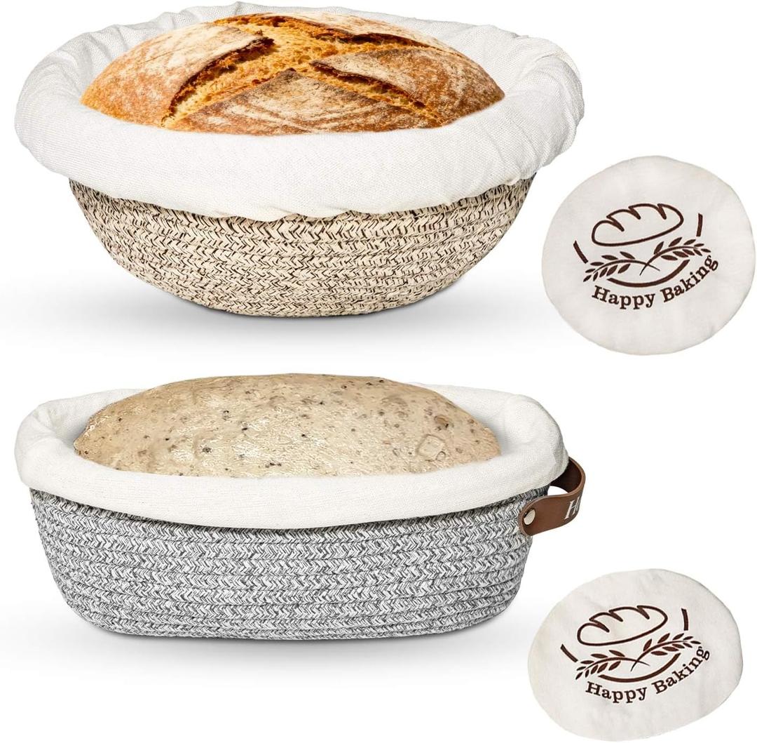 Sourdough Proofing Basket - Banneton Bread Proofing Basket, 9" Round & 10" Oval Cotton Rope Banneton Basket Set with Liners & Covers for Bread Baking (A2-Khaki/Grey)