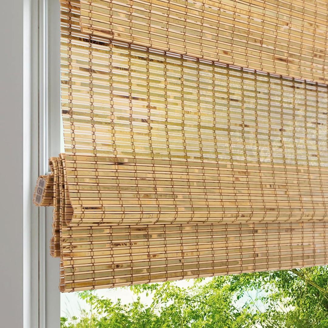 LANTIME Cordless Wood Window Blinds, Bamboo Sheer Light Filtering Woven Roman Shades, Tiger Wood, 34.5" W X 64" H