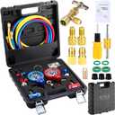 Threlaco 3 Way AC Manifold Gauge Set for R1234yf R134a R22 R32 R410a Refrigerant, Automotive HVAC Diagnostic Gauge with 5FT Hoses Quick Couplers Tank Adapter Can Tap for Car Charging and Evacuation