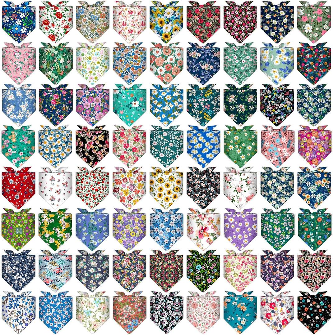 72 Packs Dog Bandanas Bulk Buffalo Plaid Cat Bandana Summer Scarf Triangle Fruit Drool Bibs Washable Adjustable Kerchief Dog Cat Bandana for Beach Small Medium Pet Supplies(Flower)