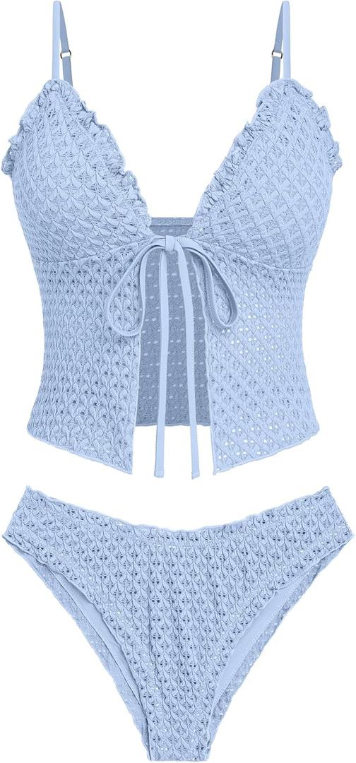 seamoly Women's Tankini Sets Tie Front Ruffle Bikini Set High Cut Thong Two Piece Swimsuit Floral Gingham Bathing Suit (Large, Blue)