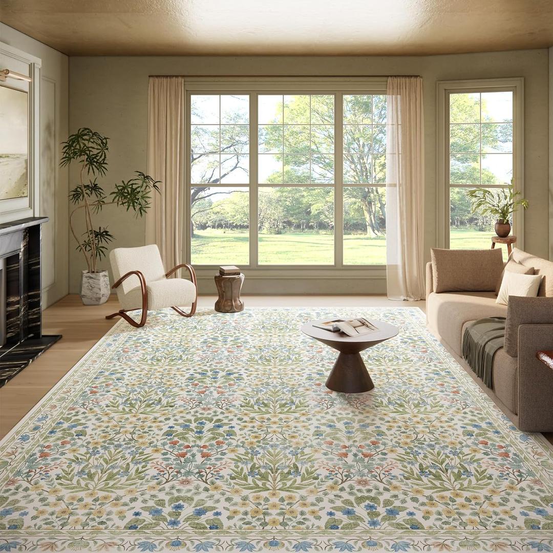 Washable 9x12 Area Rug - Light Green Vintage Floral for Living Room, Dining Room Under Table & Bedroom - Soft Low Pile, Non-Slip & Stain Resistan (White)