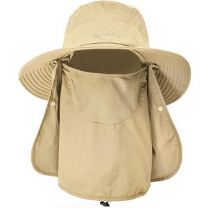 Sun Hats for Men Women Fishing Hat UPF 50+ Breathable Wide Brim Summer UV Protection Hat (Khaki(with Face Cover & Neck Flap ))