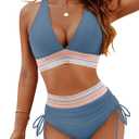 Blooming Jelly Women High Waisted Bikini Sets Tummy Control Swimsuits Color Block Two Piece Drawstring Bathing Suit (Medium, Haze Blue)