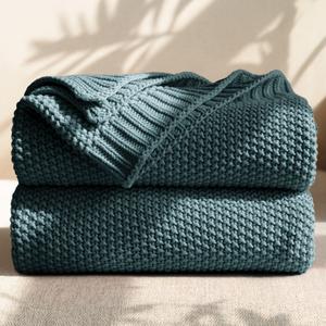 Blunique 100% Cotton Cable Knit Throw Blanket, Lightweight Soft Knit Blanket for Sofa Couch Bed, Breathable All-Season Throw, Cozy Decorative Blanket, 50 x 60 Inch,Teal