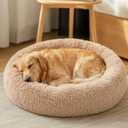 JOLLYVOGUE Calming Dog Beds Extra Large Sized Dog, 45in Donut Washable Large Pet Bed, Anti-Slip & Anti-Anxiety Fluffy Faux Fur Round Dogs Bed, Fits up to 125 lbs Pets (Pinkish Camel)