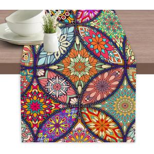 Table Runner Vintage Boho Mandala Flower Table Runners Summer Seasonal Kitchen Dinning Decor for Indoor Outdoor Holiday Home Wedding Party 13x70 Inch, 13 inches by 70 inches