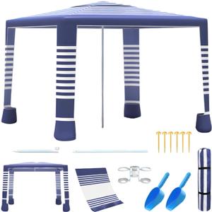 Beach Tent,8'8' Large Beach Canopy for 4-6 People,Easy Setup Beach Sun Shelter with UPF 50+ Protection,Adjustable Height & Wind Resistant Beach Cabana for Family,Party (Navy Blue-Stripes)