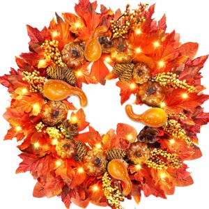 [ Prelit & Timer ] 20 Inch 20 LED Thick Fall Wreath Thanksgiving Decorations Front Door Wreath 3 Styles 97 Maples Leafed 12 Pumpkin 8 Pinecone 12 Acorn Battery Operated Warm Lights Fall Decor Home