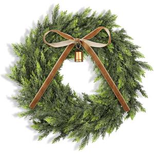 Dingion 12" Real Touch Christmas Cedar Wreath Realistic Artificial Cedar Wreaths for Front Door Small Fake Pine Cypress Wreaths with Cow Bell Velvet Ribbon for Xmas Holiday Outdoor Indoor Home Decor (Brown)