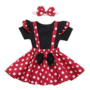 IBTOM CASTLE Baby Girl Polka Dot Mini Costume 1st Birthday Outfit Dress Up Romper Overall Suspender Tutu Skirt Headband Photo Prop Cake Smash 3pcs Outfit Red+Black 12-18 MonthsSize 1yr