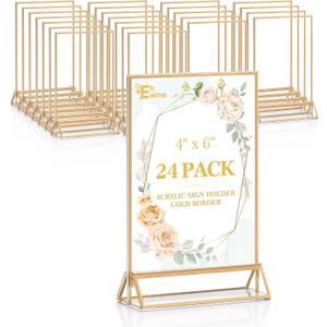 EHWINE 24 Pack Acrylic Sign Holder 4 x 6, Double Sided Gold Picture Frame Stand up Table Top Sign Holders, Clear Display Stand Menu Flyer Holder for Wedding Party