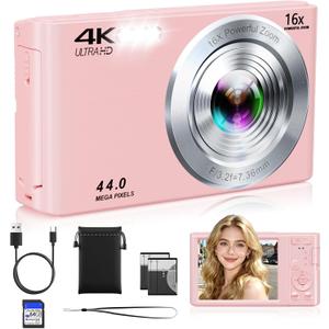 Digital Camera,Upgraded FHD 4K Pink Digital Camera for Teens Girls,Compact Digital Cameras with 64GB Memory Card,2 Batteries,Small Camera with 16X Autofocus Digital Zoom for Vlogging
