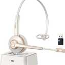 Bluetooth Headset with Microphone,Wireless Headset V5.2 with AI Noise Canceling Mic&USB Dongle, Wireless Headphones with Charging Base and Mute Function for Computer/Phone/Office/Skype (White Gold)