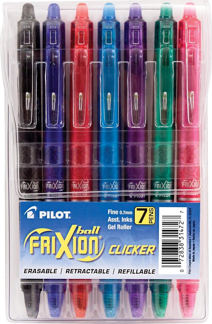 PILOT FriXion Clicker Erasable, Refillable & Retractable Gel Ink Pens, Fine Point, Assorted Color Inks, 7-Pack Pouch (31472)