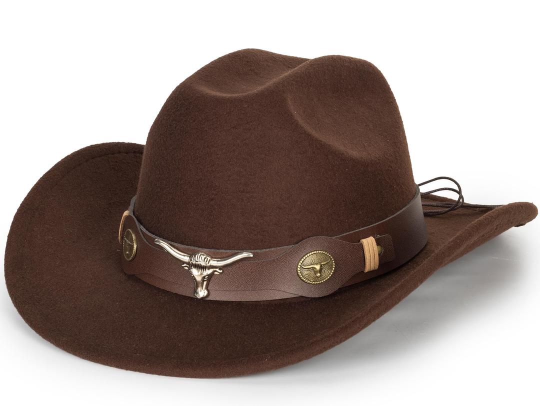 UTOWO Women Men Felt Western Cowboy Hat Classic Roll Up Brim Belt Buckle Cowgirl Fedora with Metal Bull Head M/L