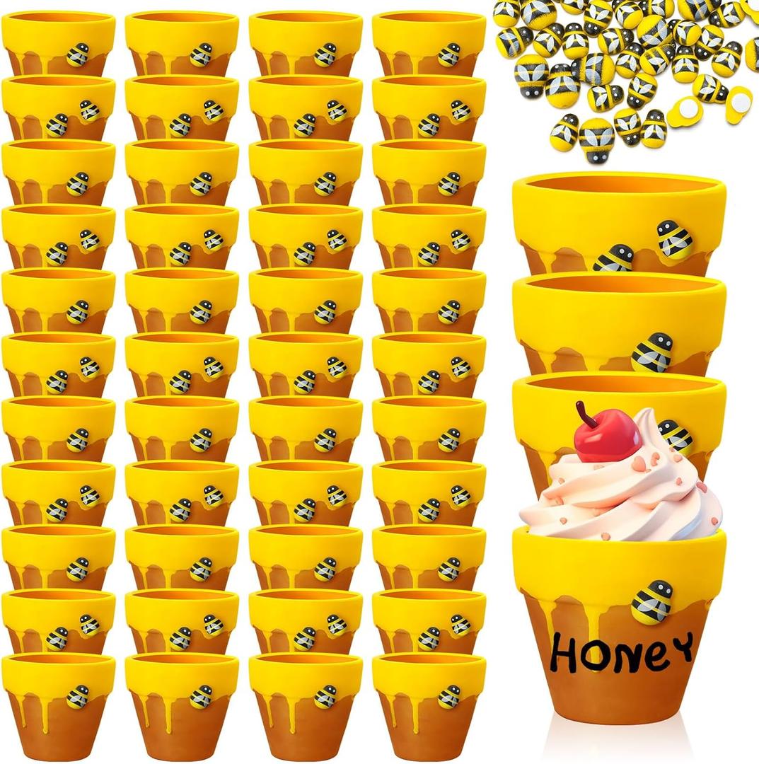 Yungyan 48 Pack Mini Honey Bee Pots with Bee Charms for Cupcake Planter Ceramic Honey Jars for Baby Shower Guests Wedding 1st Birthday Party Favors , Cute Style, Brown