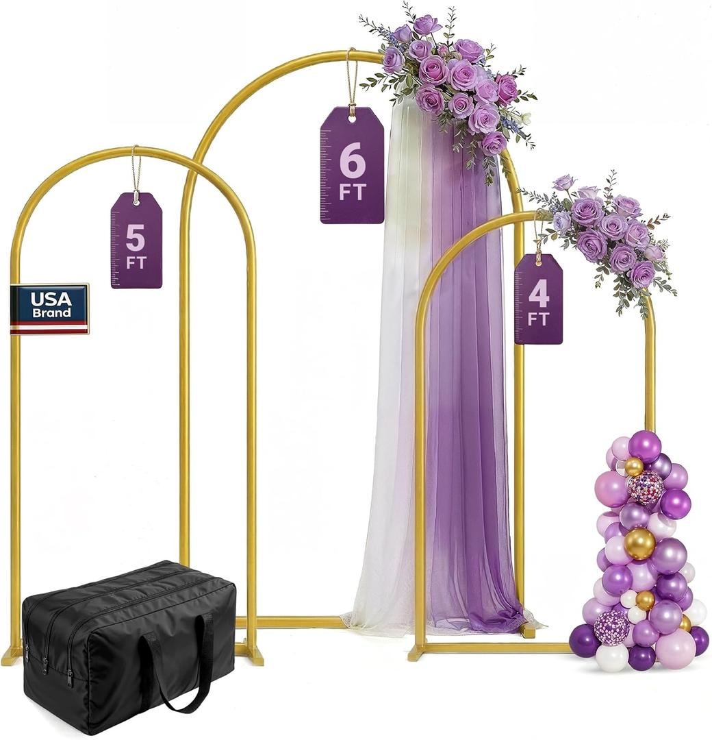 3 Pack Gold Metal Arch Backdrop Stand Set - 6FT, 5FT, 4FT Balloon Stand for Weddings Ceremony, Parties, and Baby Showers - Door Frame Backdrop Stand