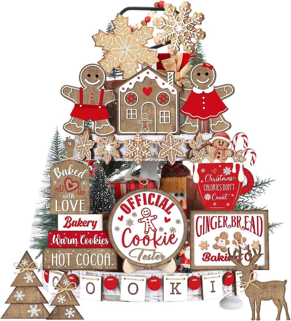 Christmas Gingerbread Wooden Tiered Tray Decorations Set Snowman Snowflake Gnome Truck Signs Farmhouse Christmas Table Decorations