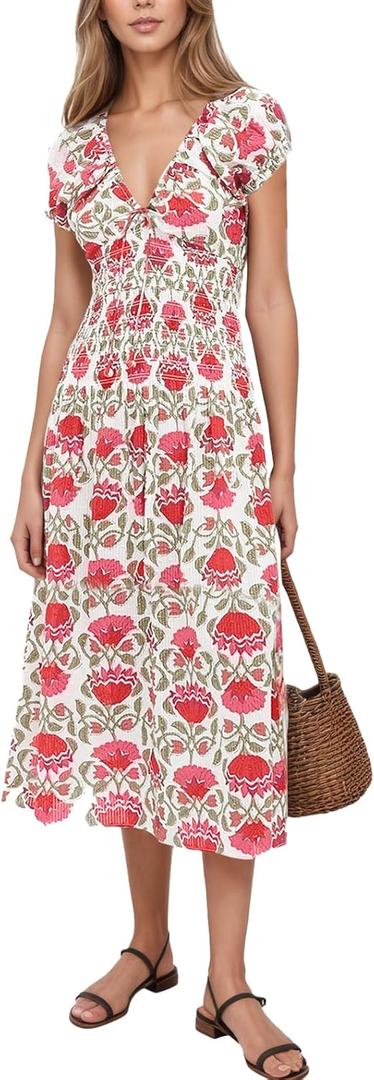 Women's Boho Floral Midi Dress V Neck Smocked Waist Casual A Line Flowy Summer Dress, Red
