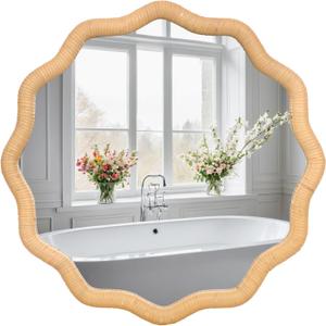 FUIN 20" Round Rattan Wall Mirror, Scalloped Wavy Wicker Frame