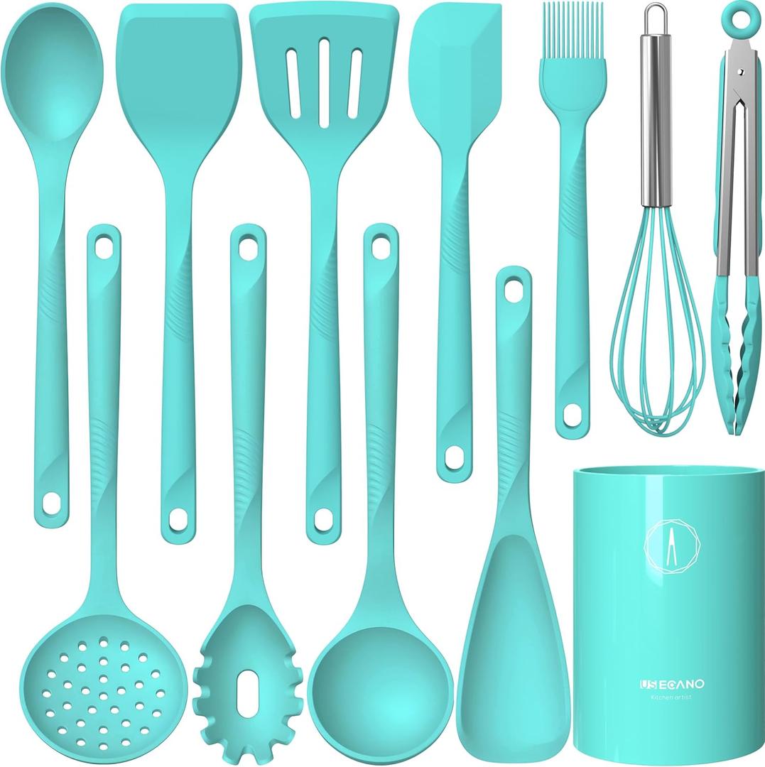 Silicone Cooking Utensils Set - 600F Heat Resistant, Nonstick Kitchen Utensil Set with Spatulas, Spoons, Whisk, Tongs, BPA Free, Dishwasher Safe (Teal)