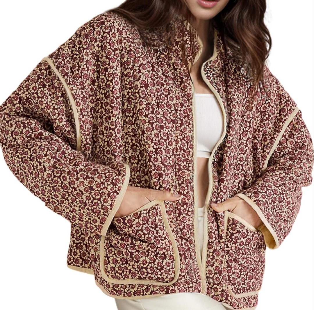 Wyeysyt Women's Cropped Puffer Jacket Lightweight Floral Print Long Sleeve Padded Quilted Puffy Cardigan Coat S