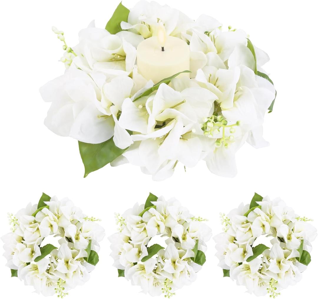 IPOPU White Candle Rings for Pillars,4PCS Bougainvillea Candle Wreath Rings Artificial Floral Candle Rings for Tapers Wedding Tables Centerpieces Valentine's Day Wall Farmhouse Home Decor (White)