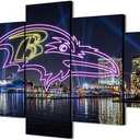 (60X100CM/5PCS) Frame Canvas Print Poster - Baltimore Inner Harbor American football Neon Ravens badge - City Landscape Wall Art for Home and Office Decor 