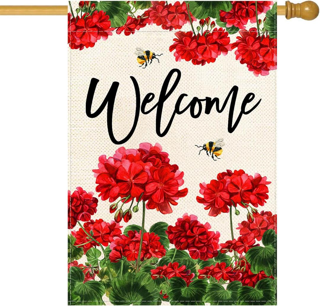 Baccessor Spring Summer Geranium Welcome House Flag Double Sided Summer Bee Red Floral Burlap Yard Flag House Seasonal Farmhouse Outside Outdoor Decoration 28 x 40 Inchlarge