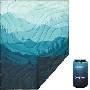 KingCamp Ultralight Camping Blanket, Packable Down Alternative Puffy Printed Wearable Blanket with Snap Buttons & Corner Loops Weatherproof Quilt for Outdoor Travel Stadium (79"L x 57”W, CYAN)