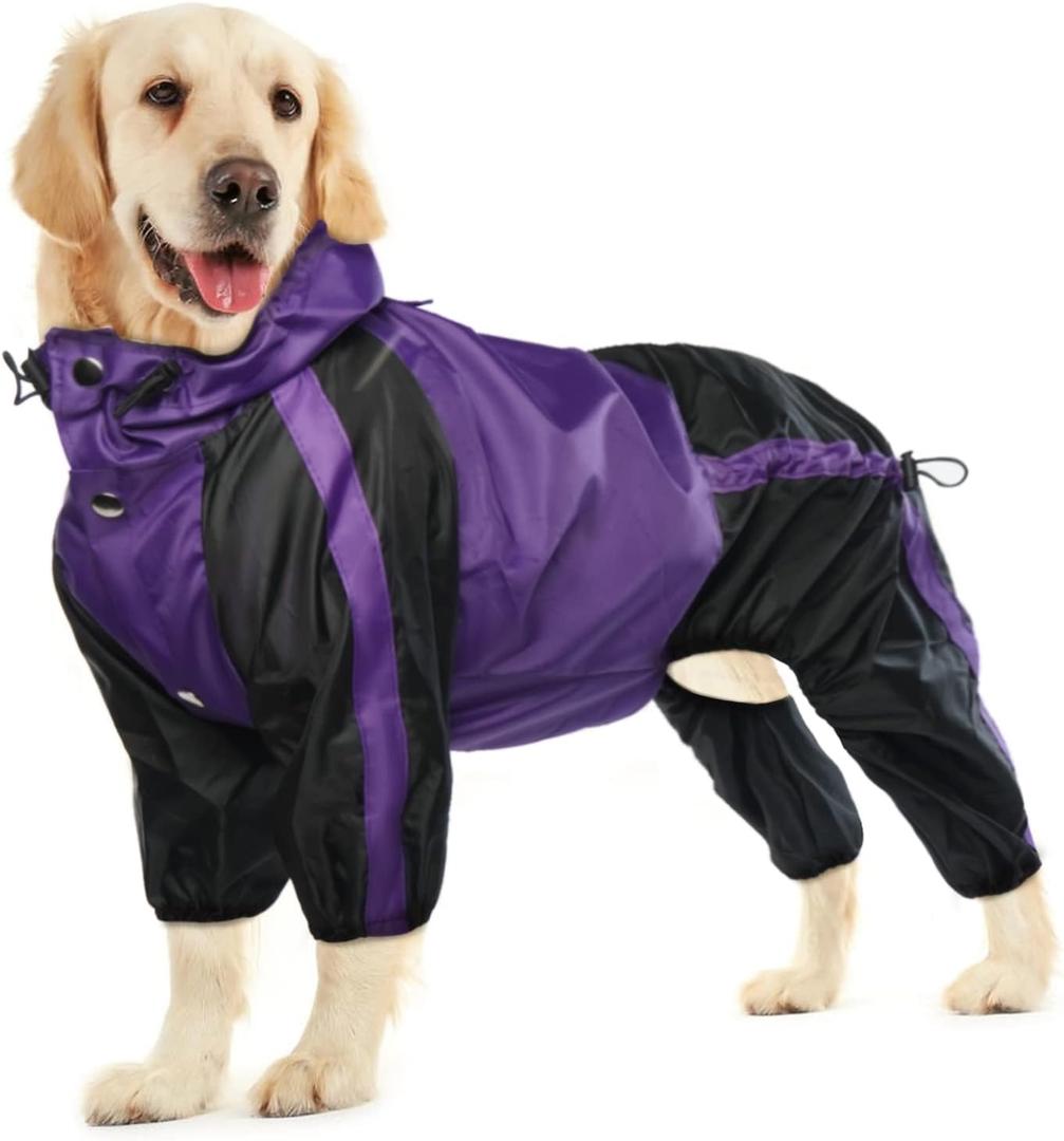 Dog Raincoat, Waterproof Dog Rain Coats for Large Dogs, Lightweight Rain Jacket, Adjustable 4 Legs Pet Poncho with Hood, Snow-Proof Dog Vest Rainwear, Rain Clothes Apparel with Leash Hole (Purple)