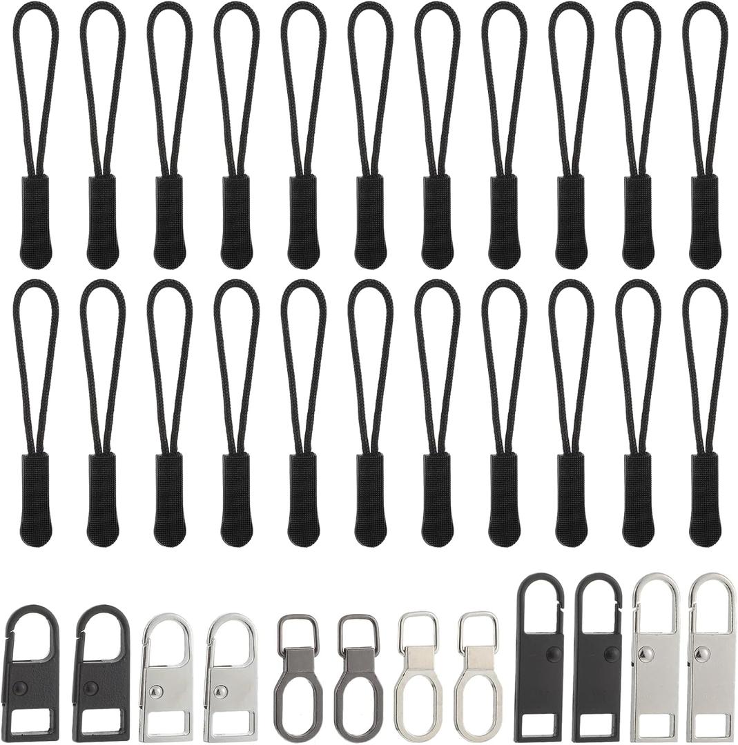 32 Pack Zipper Pull Replacement Kit Universal Detachable Zipper Pulls Tabs Zippers Pull Replacement Luggage Zippers Pulls for Backpacks Purses Jackets Boot Coat Clothing Pants, Black Silver