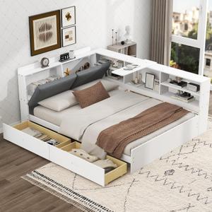 Ball & Cast Full Size Wooden Storage Daybed Frame, Modern Platform Bed with Drawers & Flip Headboard & Shelves, L Shaped Full Floor-Bed w/ Upholstered Headboard&Storage, No Box Spring Needed, White