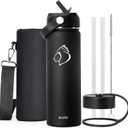 BUZIO 24 oz Insulated Water Bottle, Stainless Steel Wide Mouth Water Flask with Straw Lid, Cold for 48 Hrs Leak Proof Metal Hydro Thermo Canteen Mug, Black (22 Ounces)
