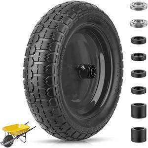 14.5" Flat Free Wheelbarrow Tire, 4.80/4.00-8" Replacement Tire and Wheel, 5/8" Bearing, 3.2" Hub Width, Solid Rubber Tire for Garden Carts, Hand Trucks, and Trolleys