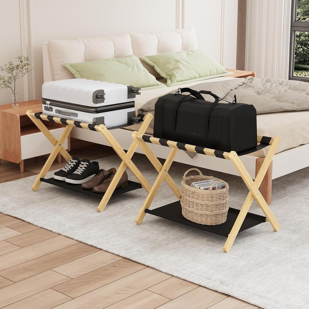 Smuxee Natural Bamboo Luggage Rack Pack of 2, Foldable Suitcase Stand with Storage Shelf, Easily Assembled Luggage Stand with 5 Nylon Straps for Guest Room Bedroom Hotel