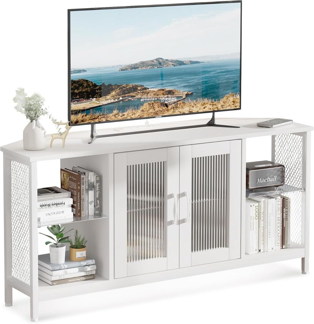 TV Stand with Glass Storage Cabinets and Power Outlet, White TV Stand for 32/45/55 inch TVs, Entertainment Center with LED Light for Living Room, 46inch Small Tv Stand for Bedroom