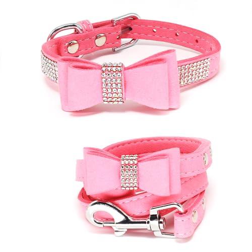 Dazzling Rhinestone Dog Collar with Soft Fabric and Crystal Bow Tie - Elegant and Glamorous Puppy Collars for Small Dogs with Leash in Pink S