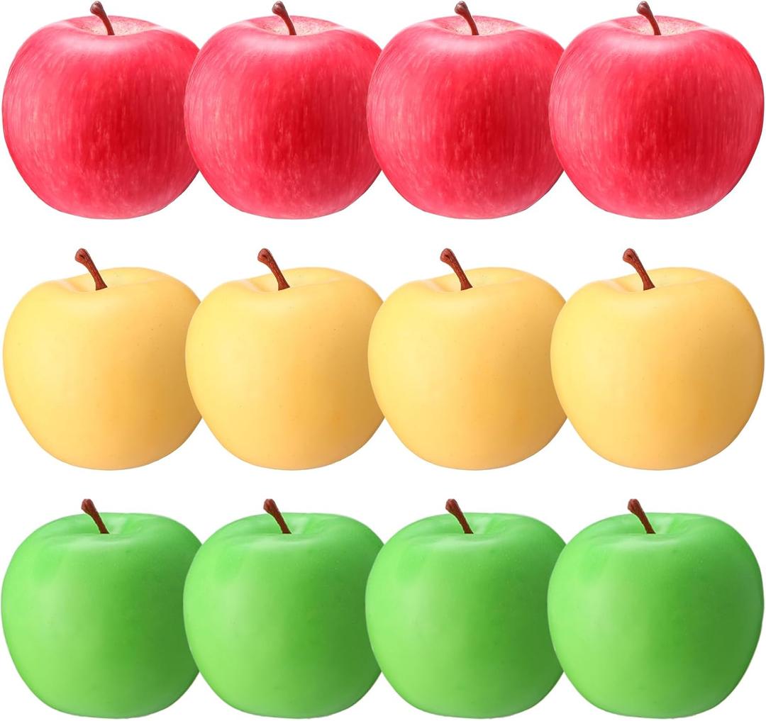 Libima 12 Pcs Fake Artificial Apples 3.3 Inches Fake Plastic Fruit Red Yellow Green Realistic Apples Lifelike Foam Decorations for Fall Rosh Hashana Harvest Festival Kitchen Decor