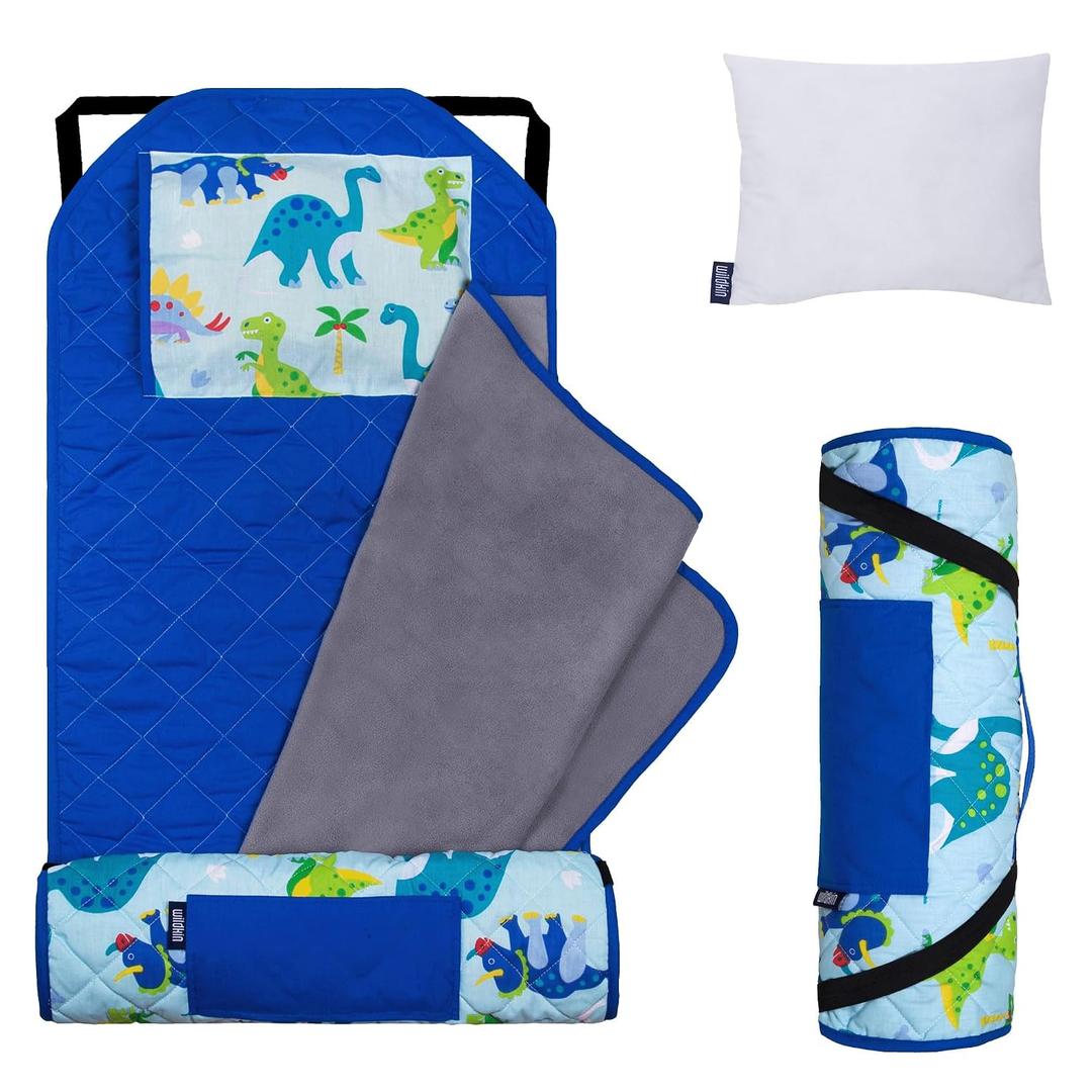 Wildkin Modern Kids Nap Mat Soft Cotton Blend with Pillow & Elastic Straps for School & Travel - Dinosaur Land