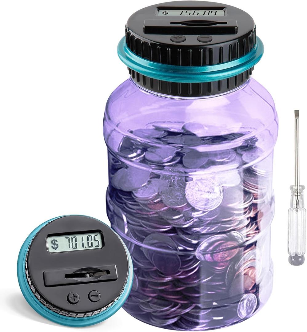 Large Piggy Bank for Adults Kids, Vcertcpl Digital Coin Counting Bank with 1.8L Capacity, Great Coin Bank Money Jar for Adults Kids with Saving Goals, Bank for All US Coins (Purple B)