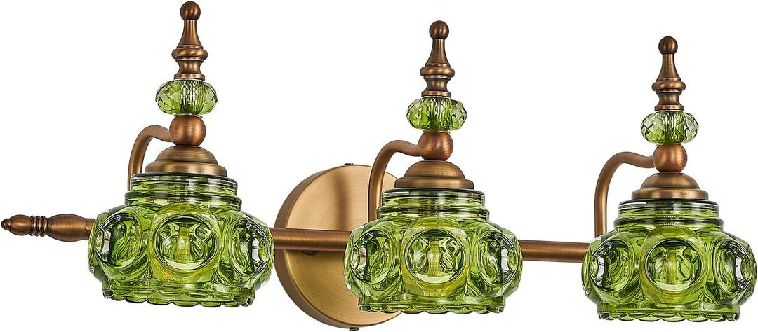 Vintage 3-Light Bathroom Vanity Light Fixtures, Modern Brass Vanity Wall Sconces Over Mirror with Green Glass Shade for Bathroom Bedroom Living Room