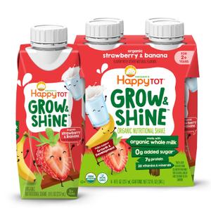 HAPPYTOT Organic Grow & Shine, Whole Milk-Based Tot Nutrition Shake, Strawberry & Banana, for Growing Toddlers & Picky Eaters, 8 Fl Oz (Pack of 4)
