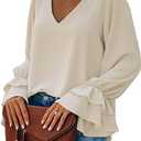 LYANER Women's Casual V Neck Tiered Ruffle Bell Long Sleeve Blouse Shirt Tunic Top M