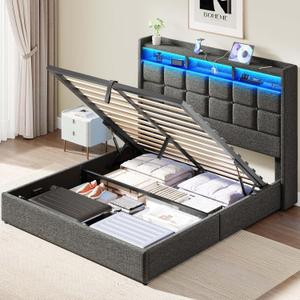 Lift Up Full Size Bed Frame with Storage, Upholstered Full Bed Frame with LED Lights Headboard and Charging Station, No Box Spring Needed, Easy Assembly - Dark Grey