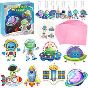 2 x SUKKI Valentines Day Cards for Kids - 32 Valentine Cards + 32 Cute Keychains + 32 Gift Envelopes with Temporary Tattoos, Perfect Space Flight Theme Greeting Exchange Cards for Classmates Party Favors
